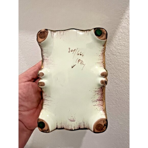 MCM Italy Hand Painted Trinket Dish Lidded Numbered Green Gold Vintage Rectangle - Picture 14 of 14